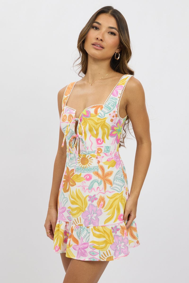 White Abstract Fit And Flare Dress Mini