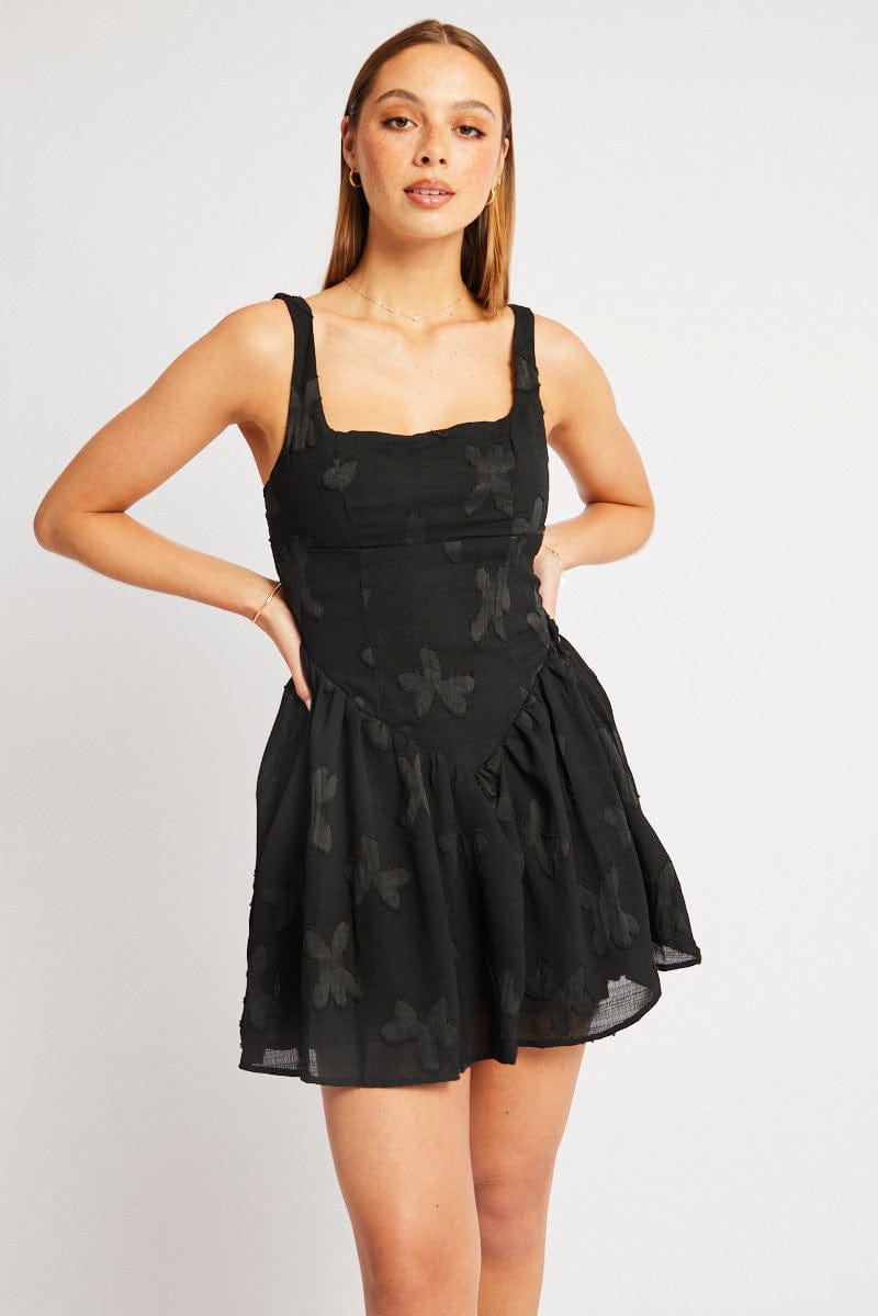 Black Fit And Flare Dress Mini Burn Out