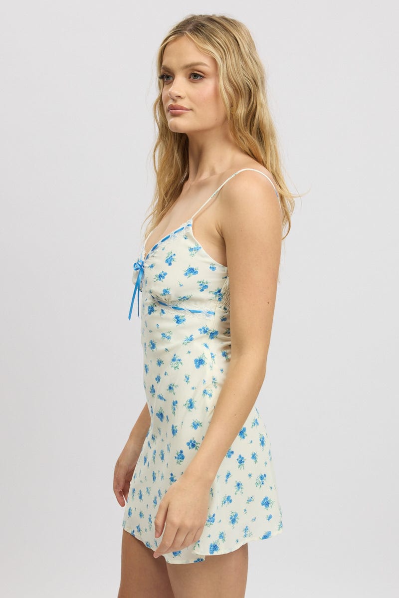 White Ditsy Mini Dress V-Neck Strappy