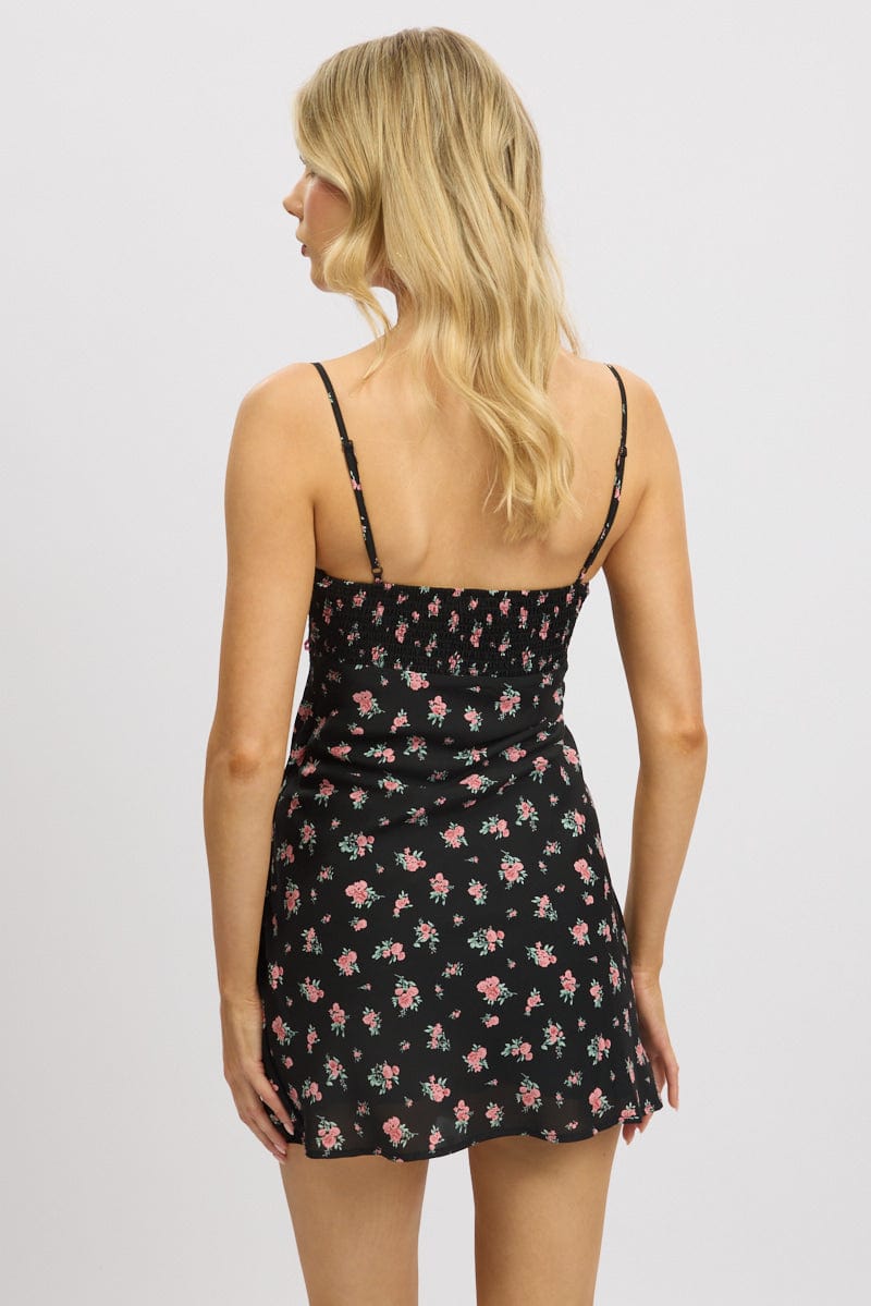Black Ditsy Mini Dress V-Neck Strappy