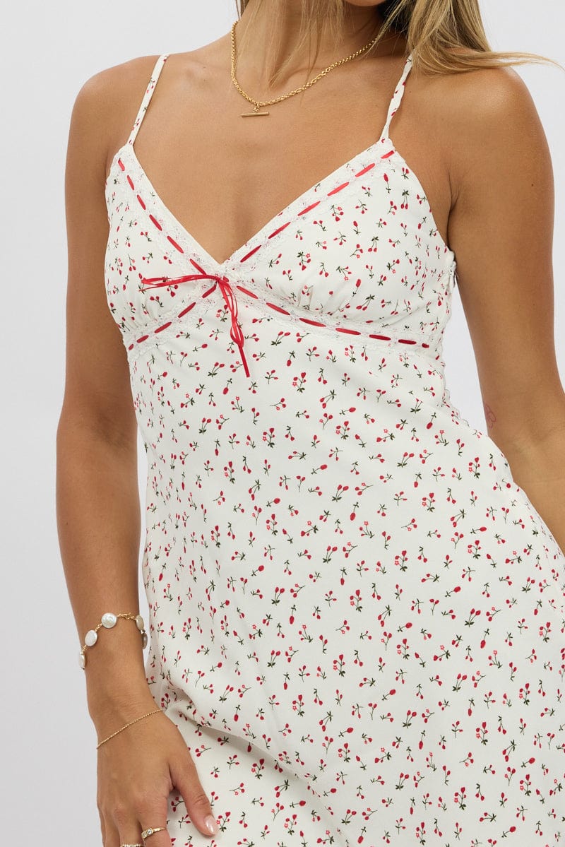 White Ditsy Mini Dress V-Neck Strappy