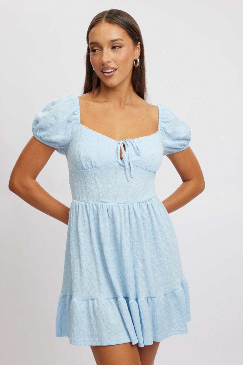 Blue Fit And Flare Dress Mini Lace