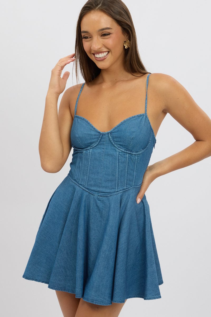 Blue Fit And Flare Dress Mini