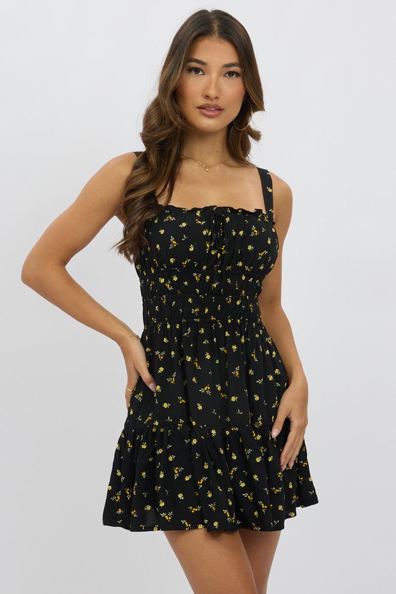 Black Ditsy Fit And Flare Dress Mini