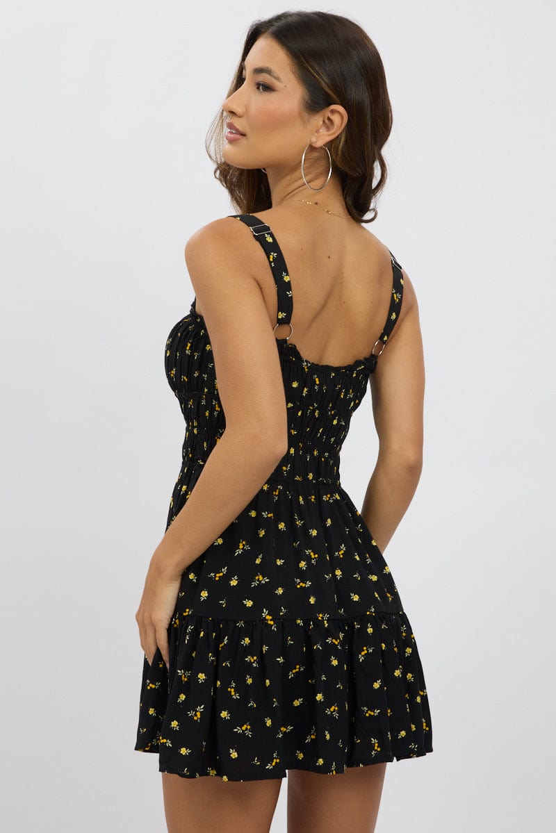 Black Ditsy Fit And Flare Dress Mini