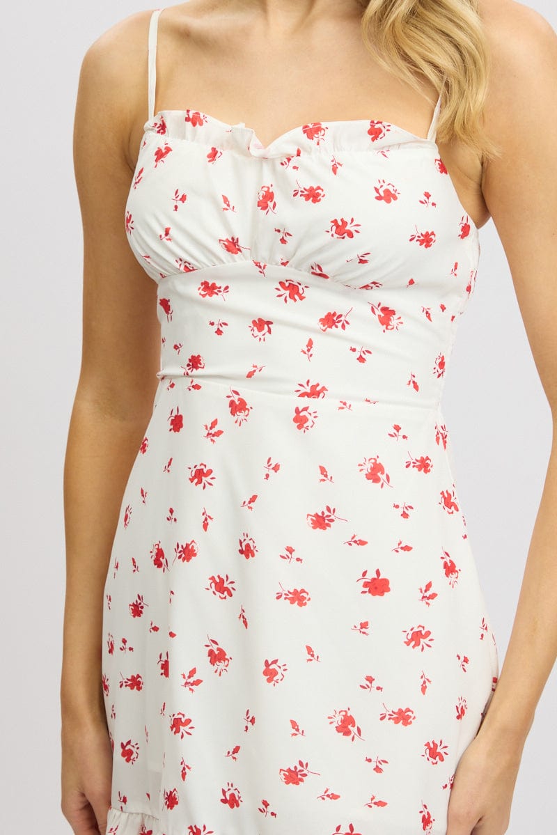 White Floral Mini Dress Frill Neck