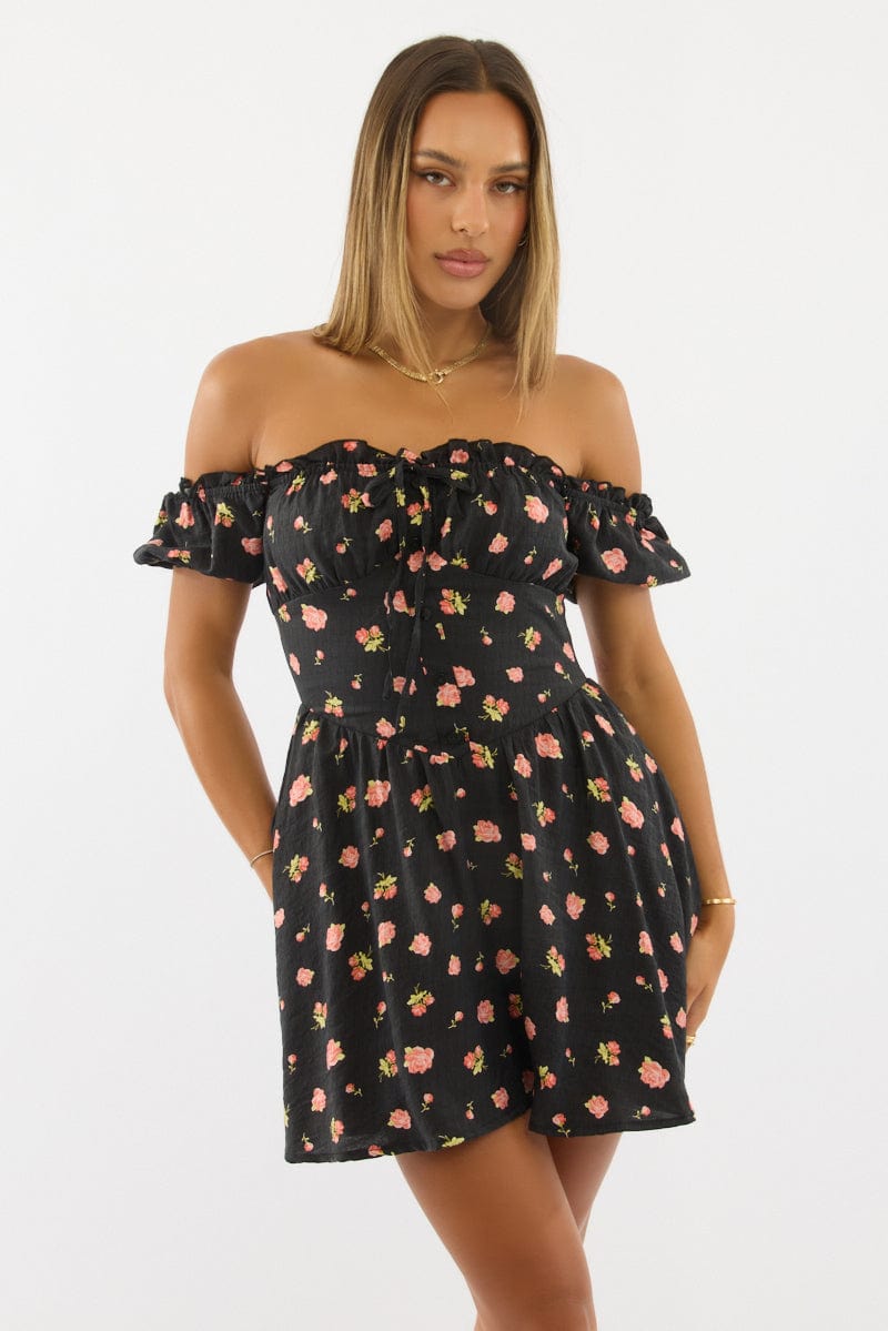 Black Ditsy Fit And Flare Dress Mini