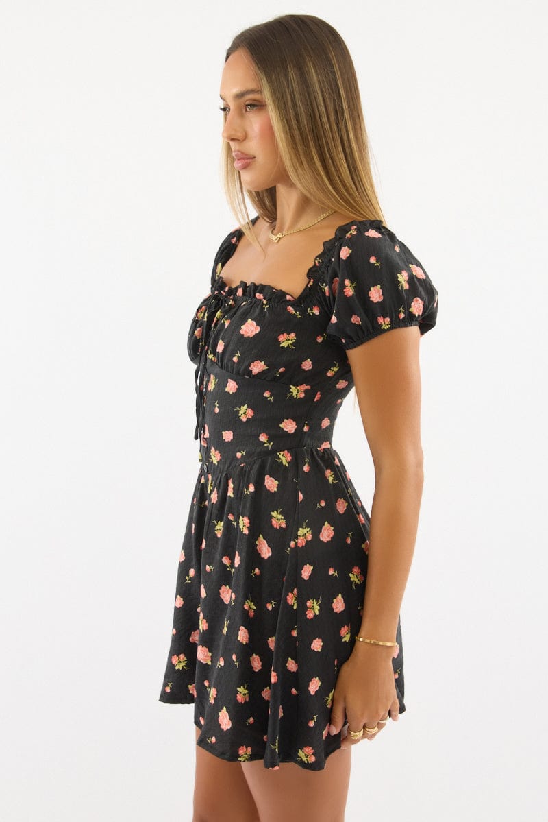Black Ditsy Fit And Flare Dress Mini