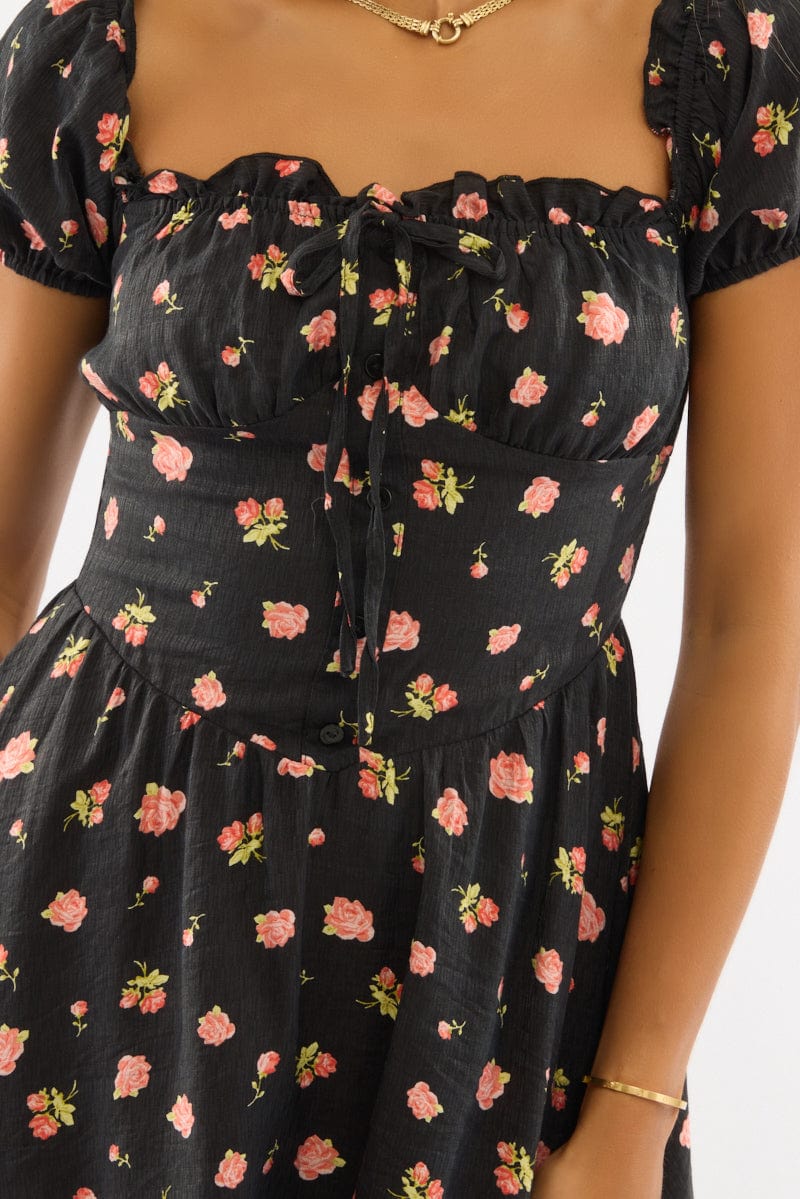Black Ditsy Fit And Flare Dress Mini
