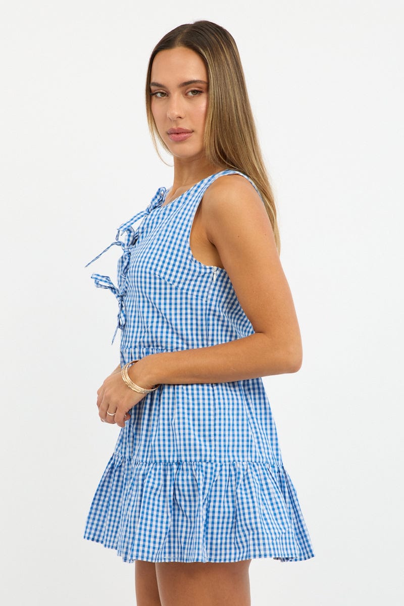 Blue Check Mini Dress Ribbon Detail