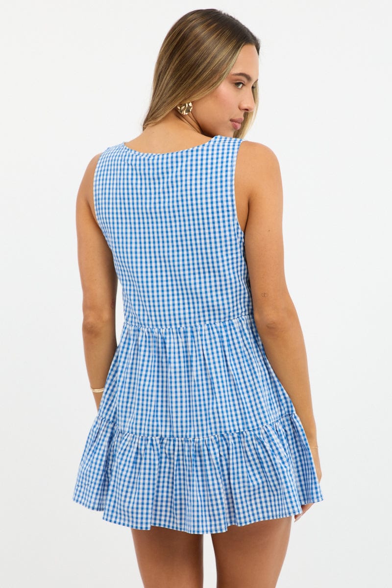 Blue Check Mini Dress Ribbon Detail