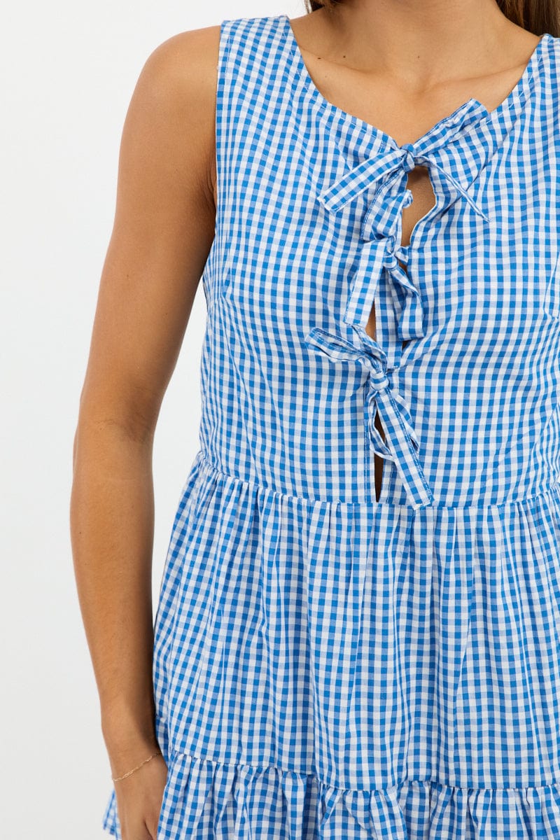 Blue Check Mini Dress Ribbon Detail