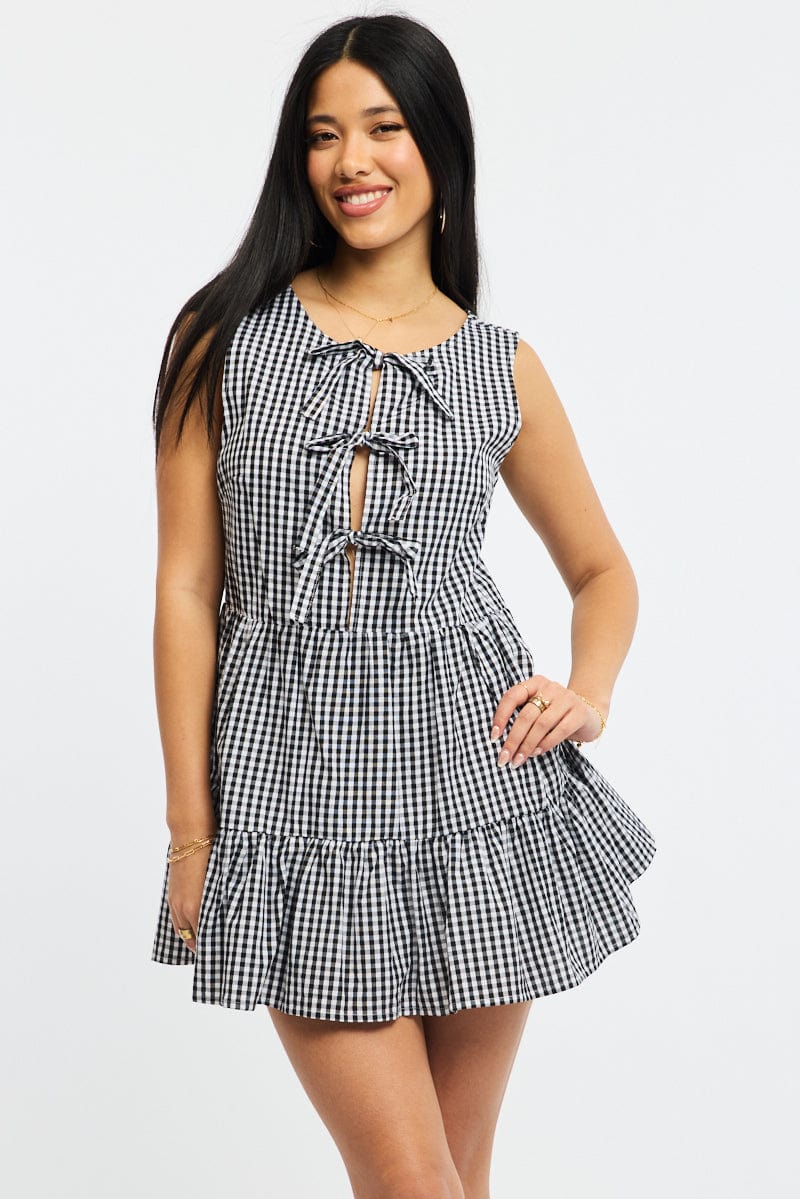 Black Check Mini Dress Ribbon Detail