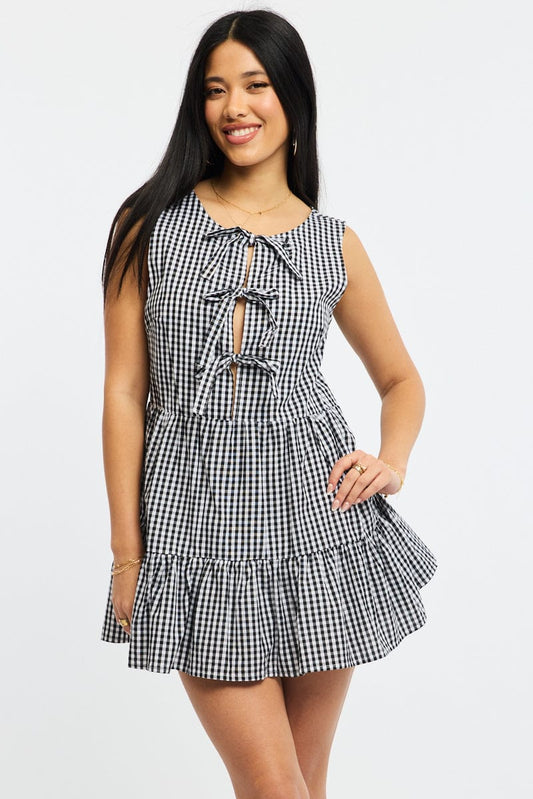 Black Check Mini Dress Ribbon Detail