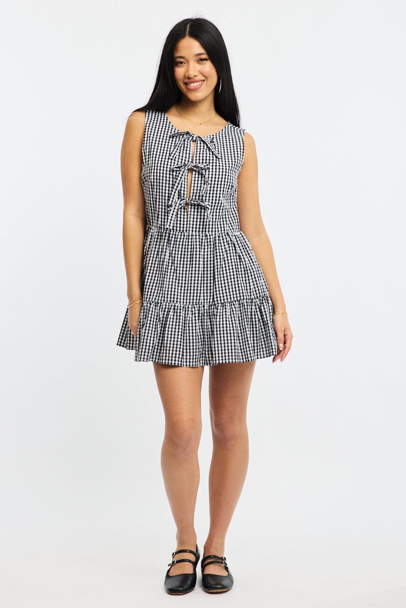 Black Check Mini Dress Ribbon Detail