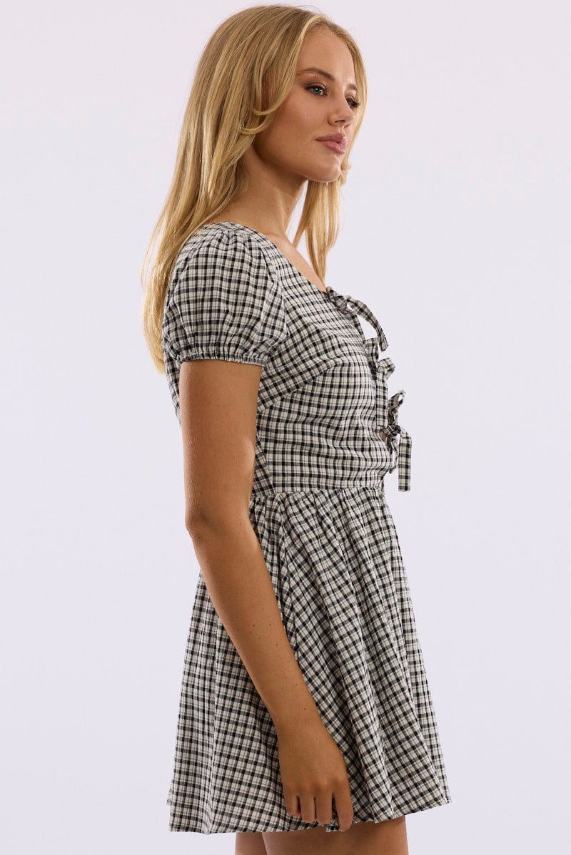 Black Check Mini Dress Ribbon Detail