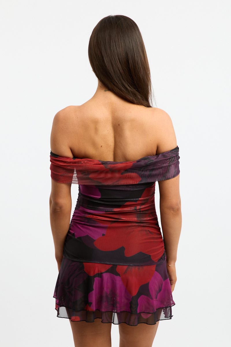 Black Floral Off Shoulder Dress Mini