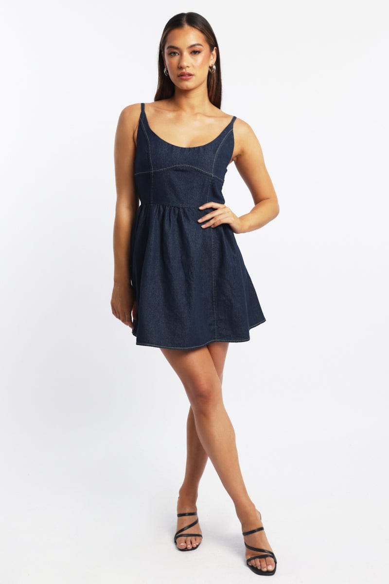 Blue Fit And Flare Dress Mini