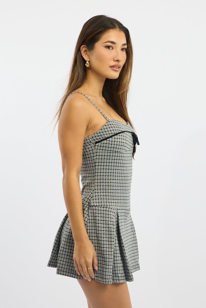 Black Check Mini Dress Pleated