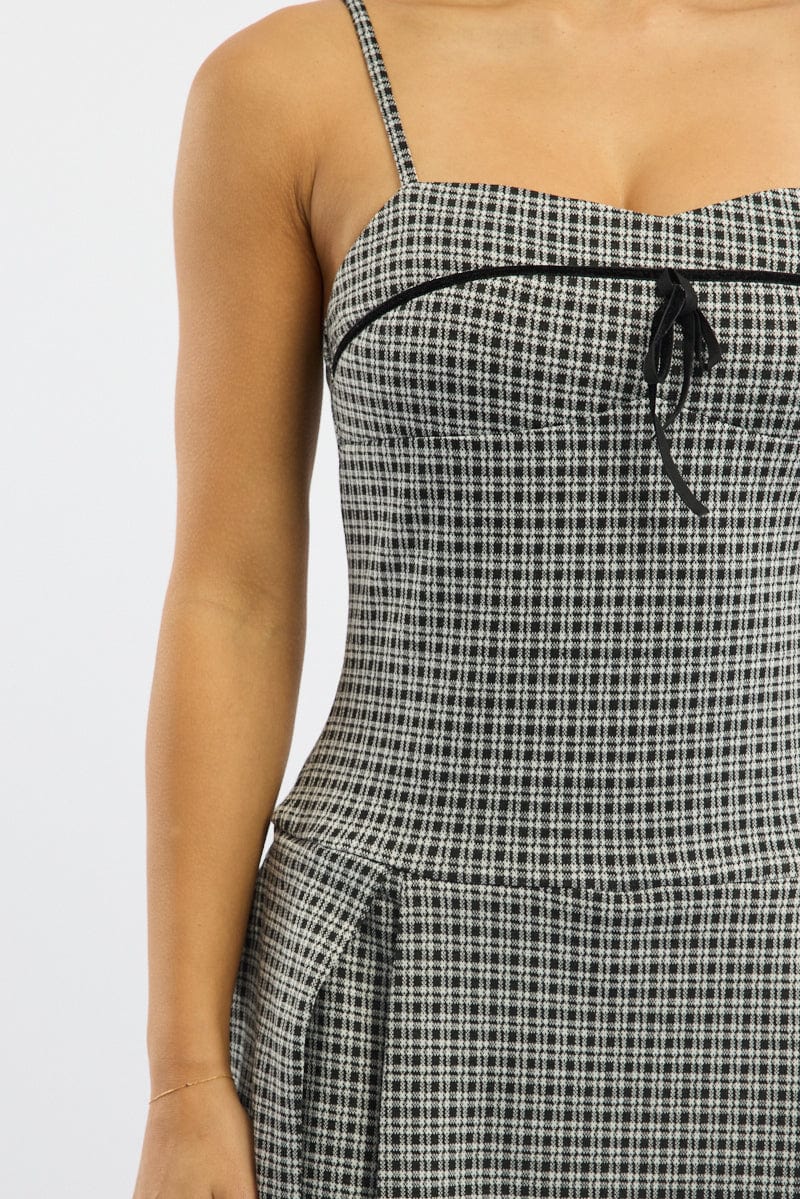 Black Check Mini Dress Pleated