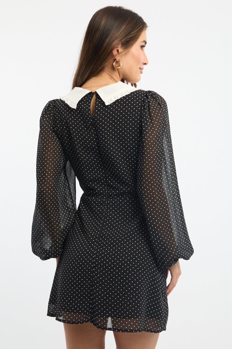 Black Polka Dot Mini Dress Collared
