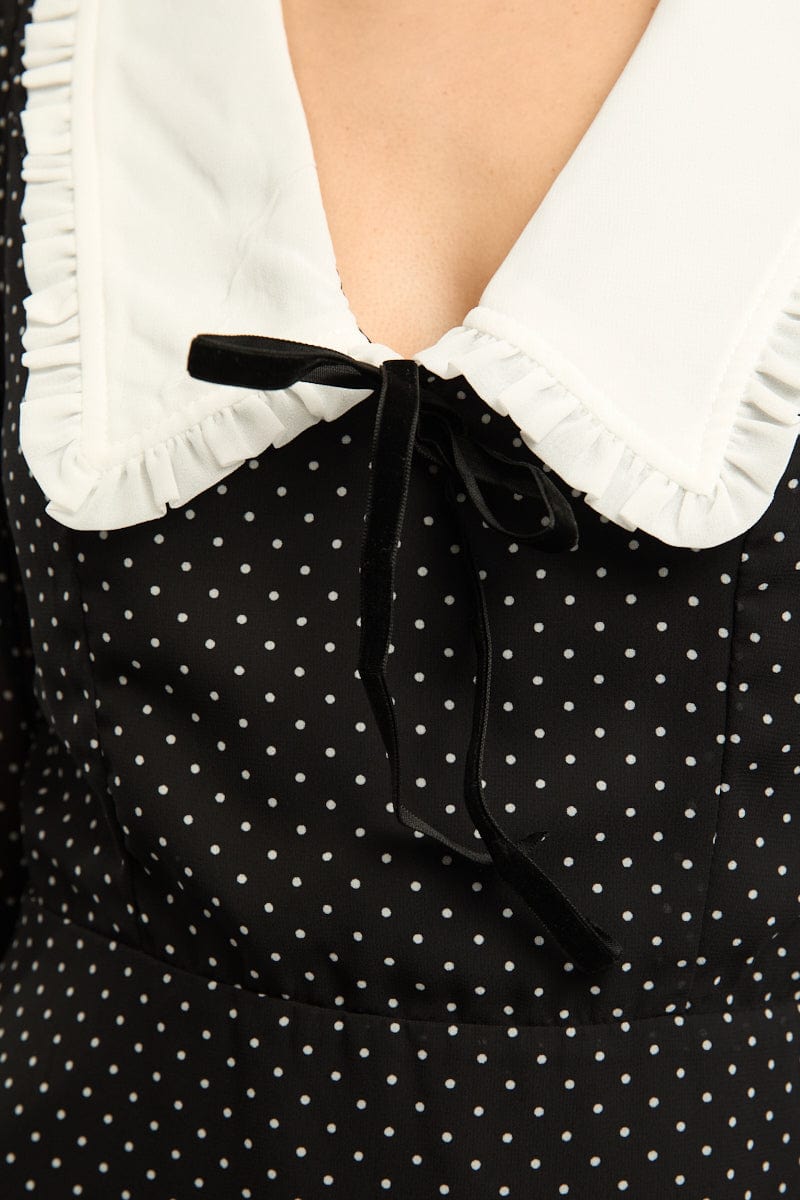 Black Polka Dot Mini Dress Collared