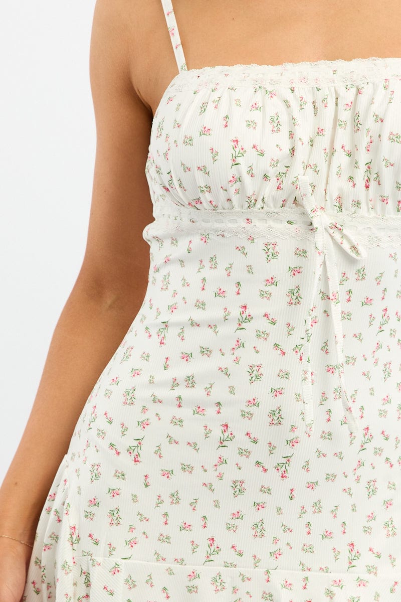 White Floral Asymmetric Mini Dress