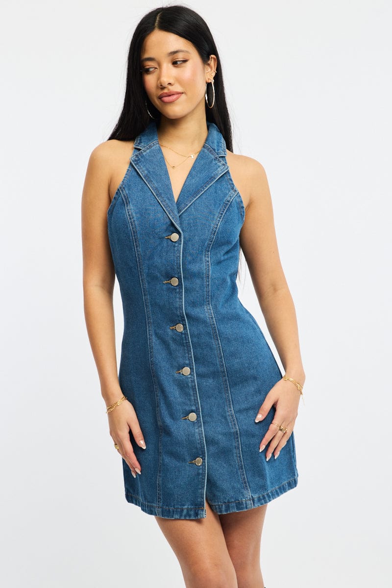 Blue Denim Halter Neck Dress Mini