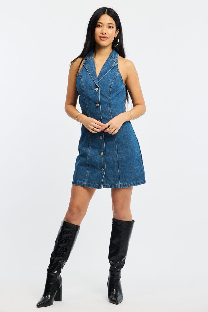 Blue Denim Halter Neck Dress Mini