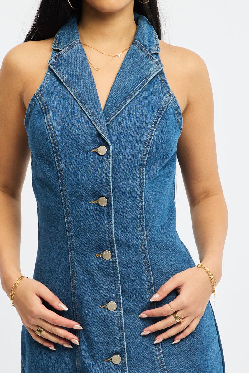 Blue Denim Halter Neck Dress Mini
