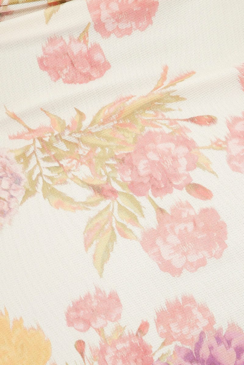 White Floral Mini Dress Sleeveless Scarf Ruffled Rosette Brooch