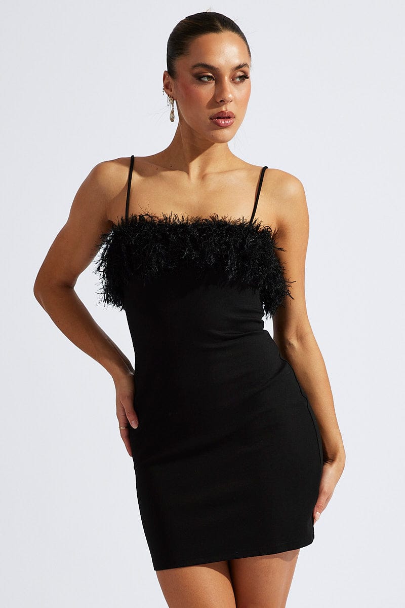 Black Faux Feather Trim Bodycon Strappy Mini Dress