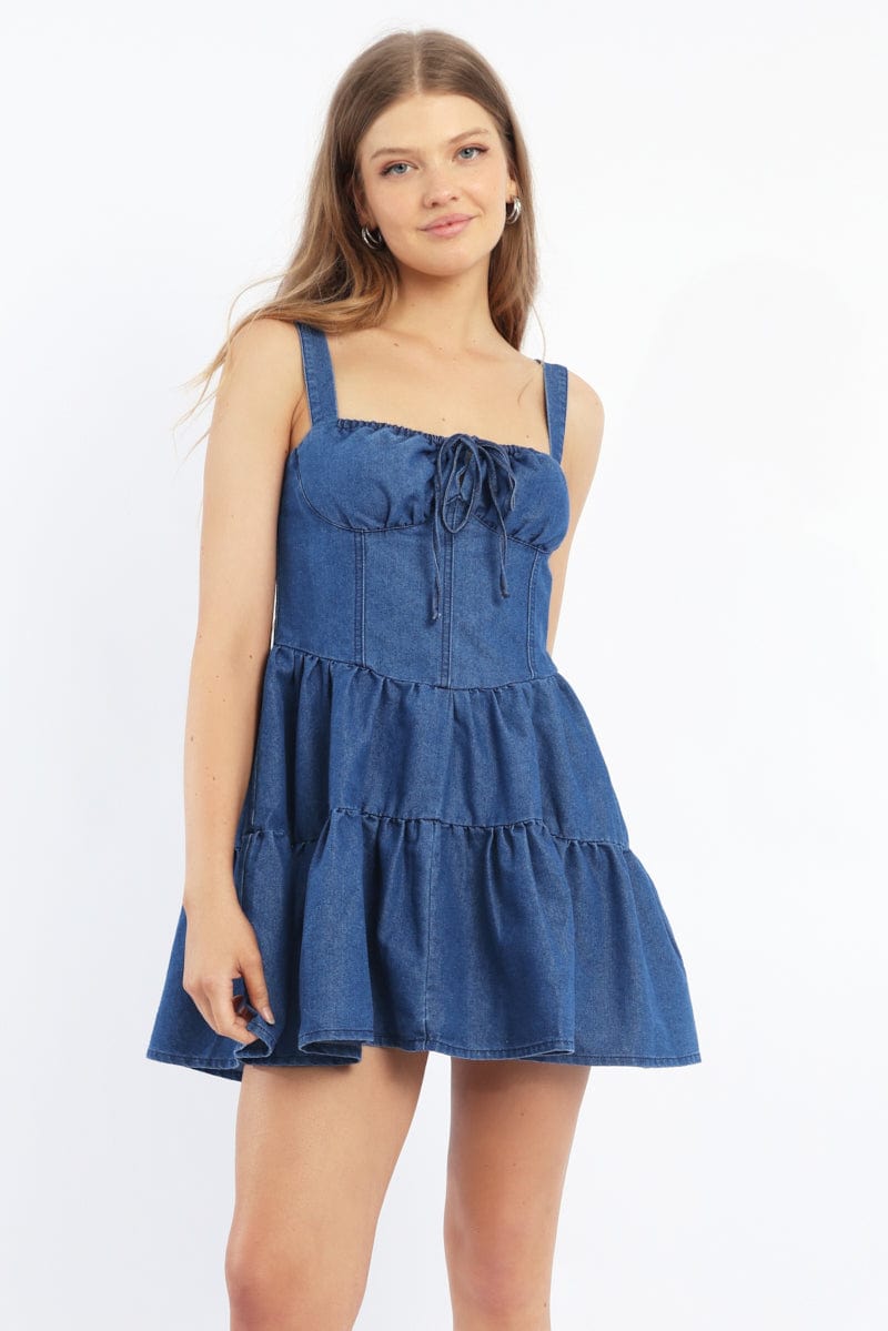 Blue Fit And Flare Dress Mini Gathered Bust