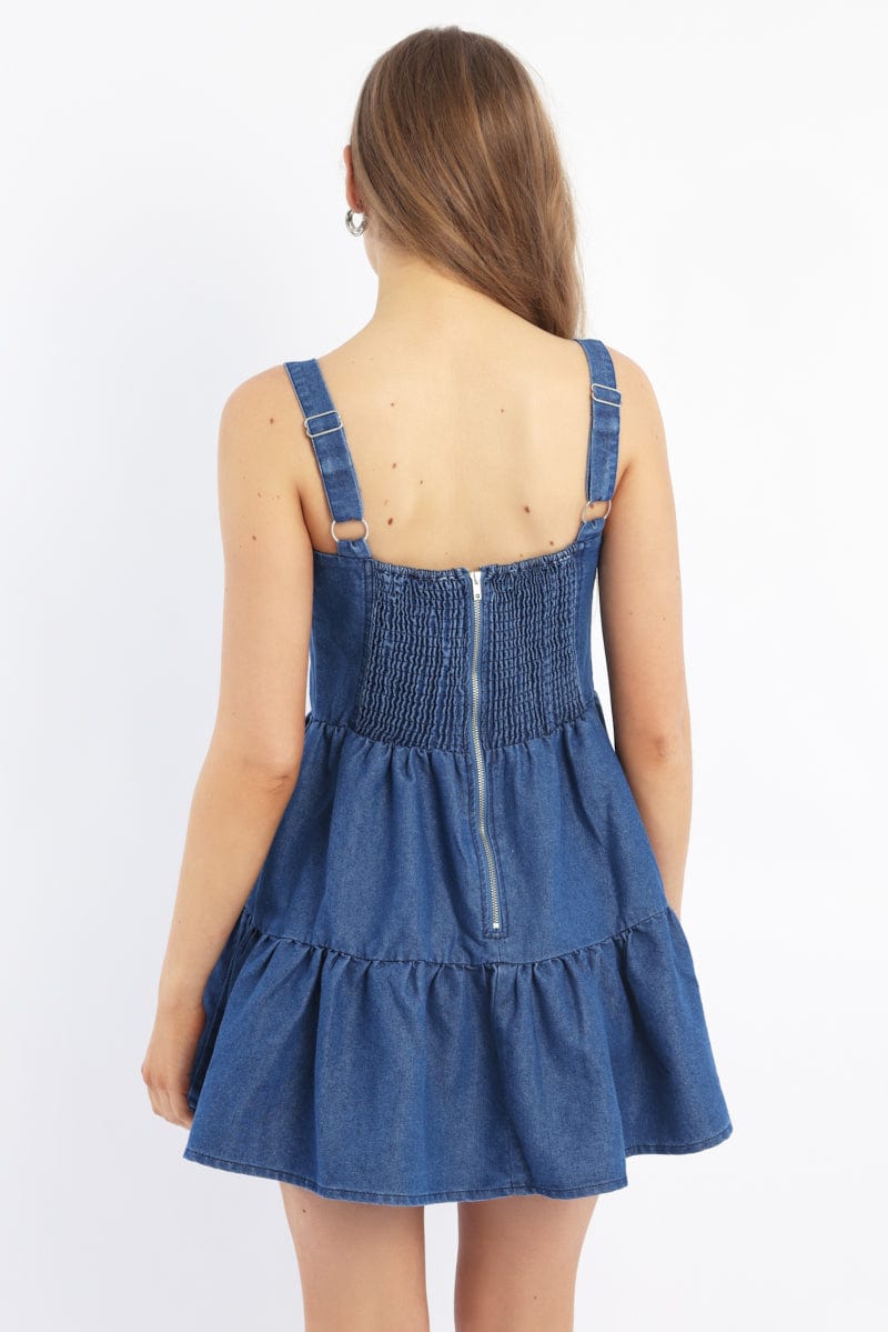 Blue Fit And Flare Dress Mini Gathered Bust