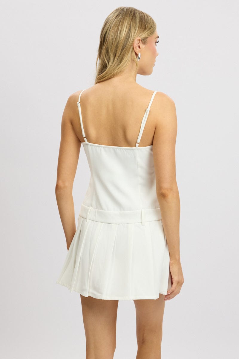 White Mini Dress Drop Waist Pleated
