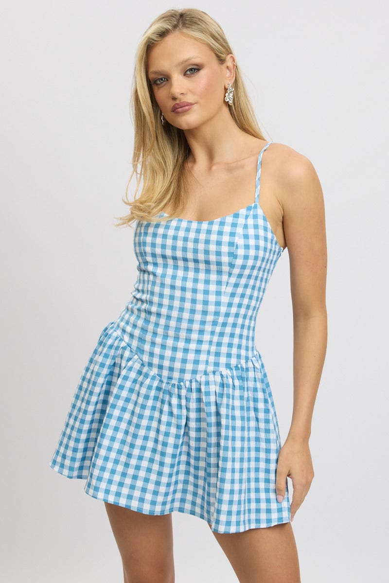Blue Check Fit And Flare Dress Mini