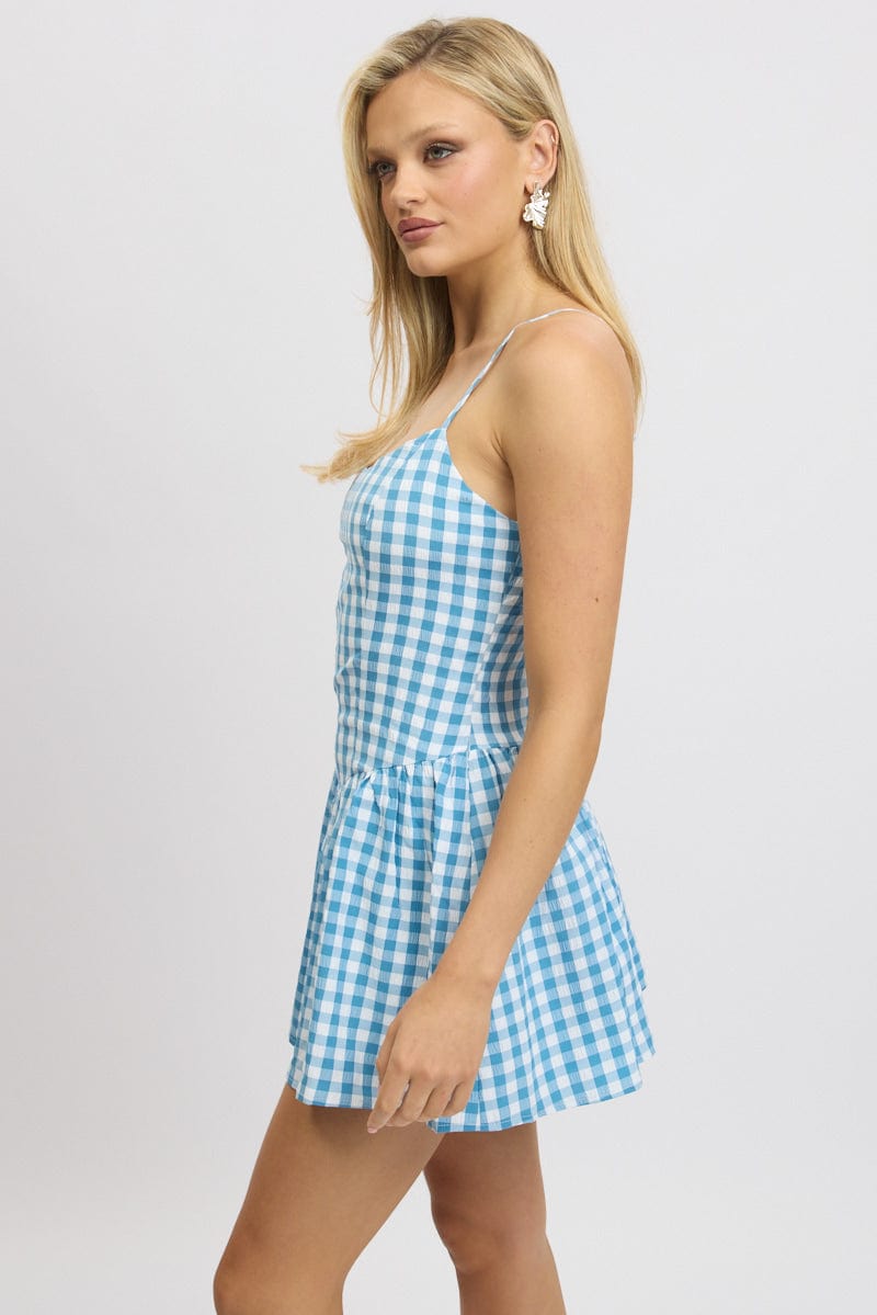 Blue Check Fit And Flare Dress Mini