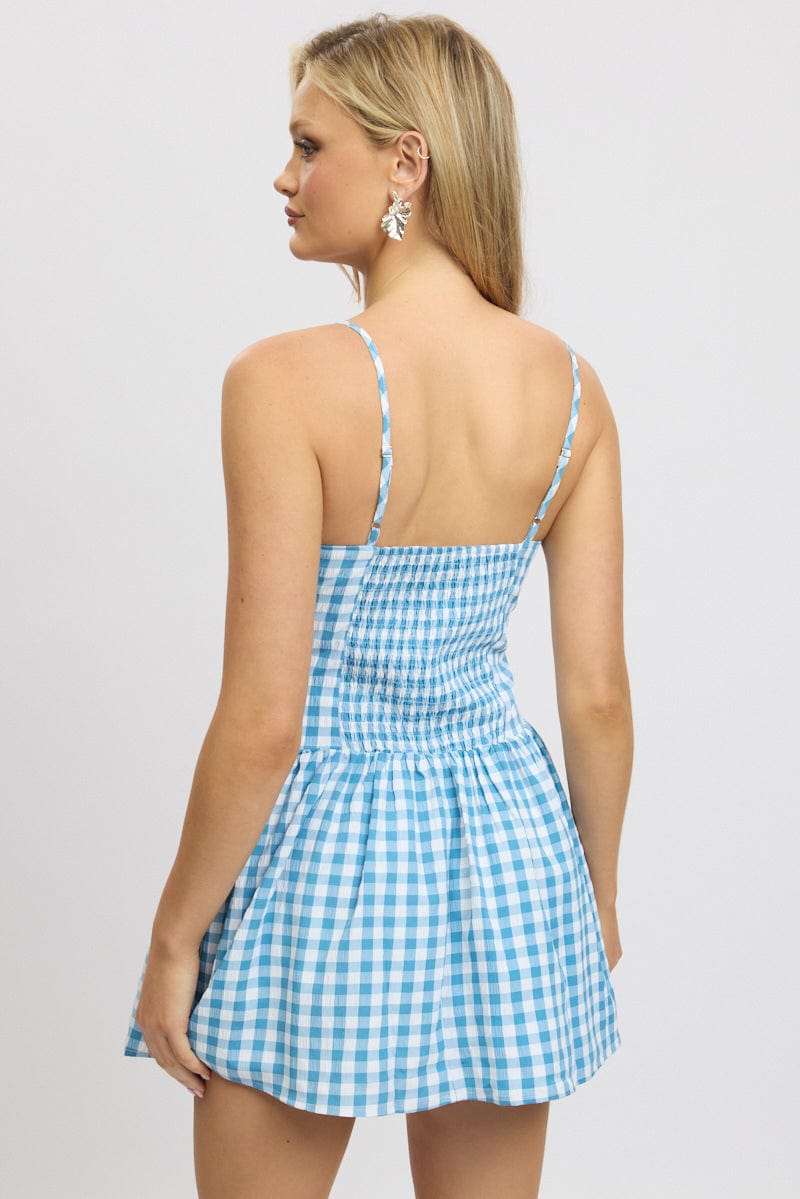 Blue Check Fit And Flare Dress Mini