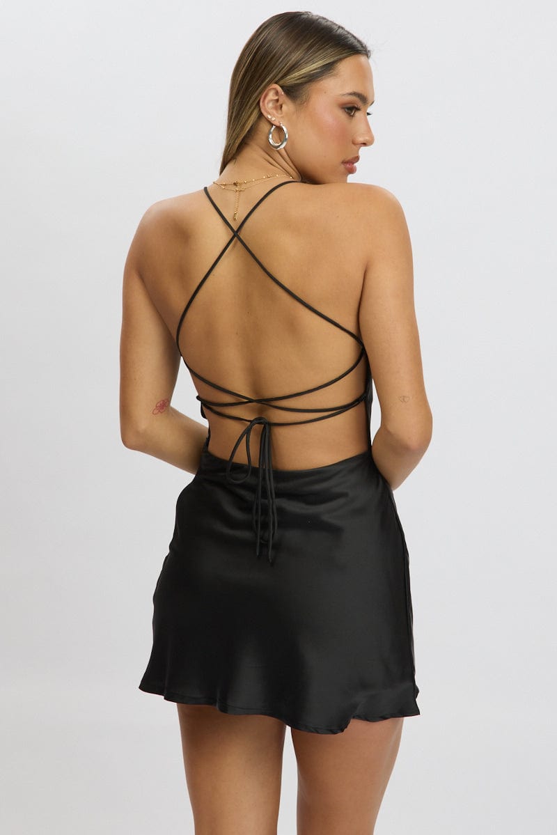 Black Mini Dress Cowl Neck Backless Satin