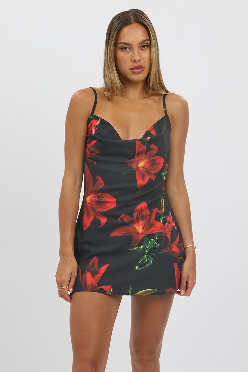 Black Floral Mini Dress Cowl Neck