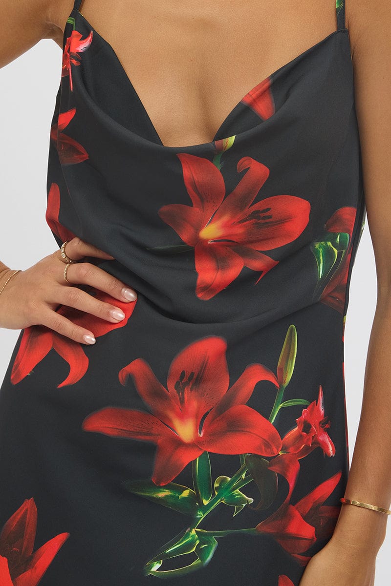 Black Floral Mini Dress Cowl Neck