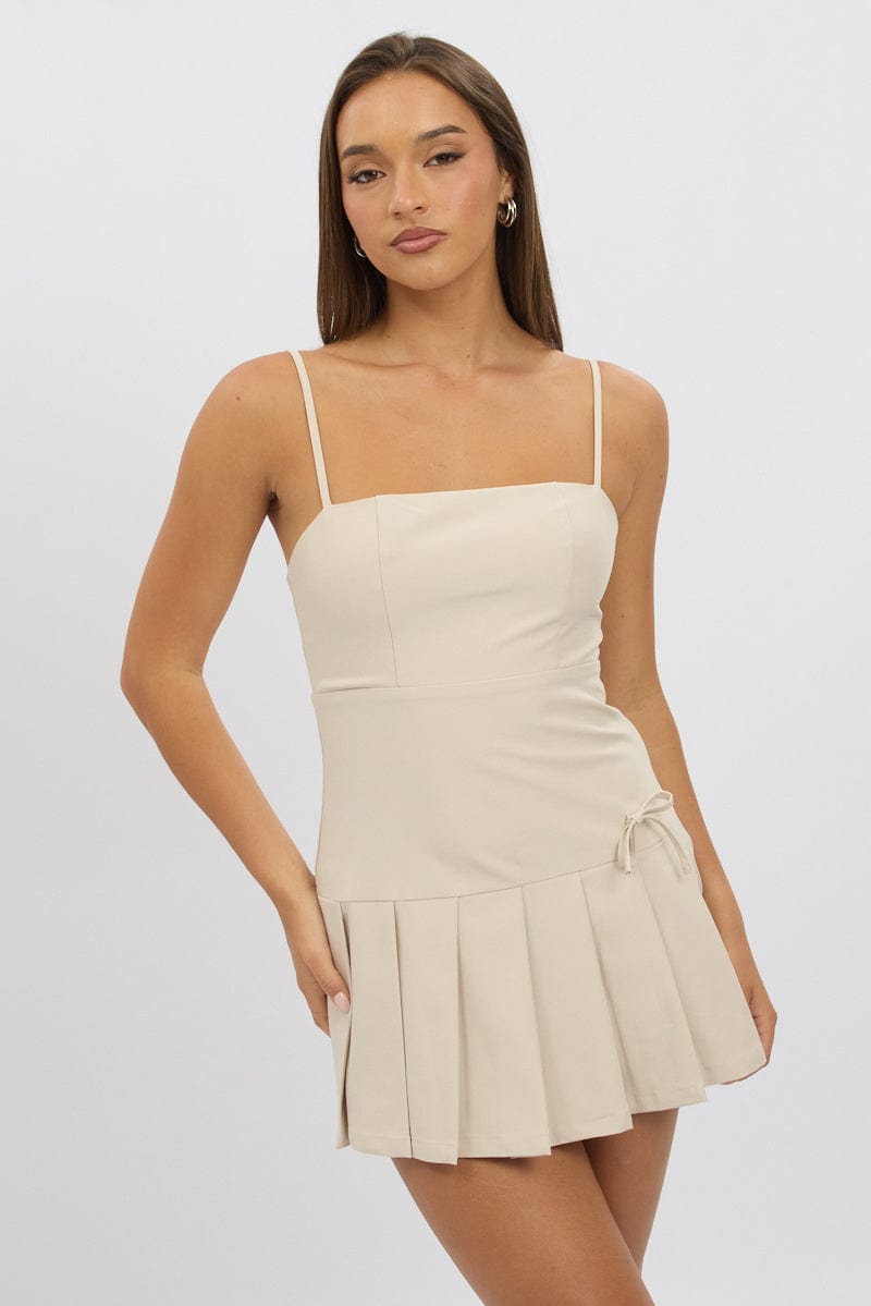 Beige Pleated Mini Dress