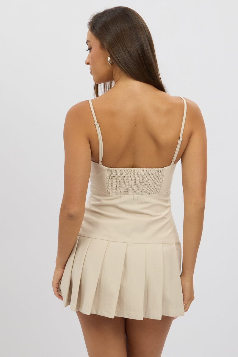 Beige Pleated Mini Dress
