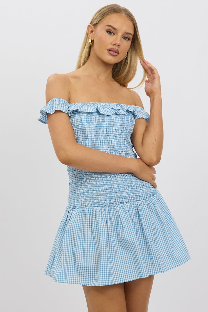 Blue Check Shirred Mini Dress