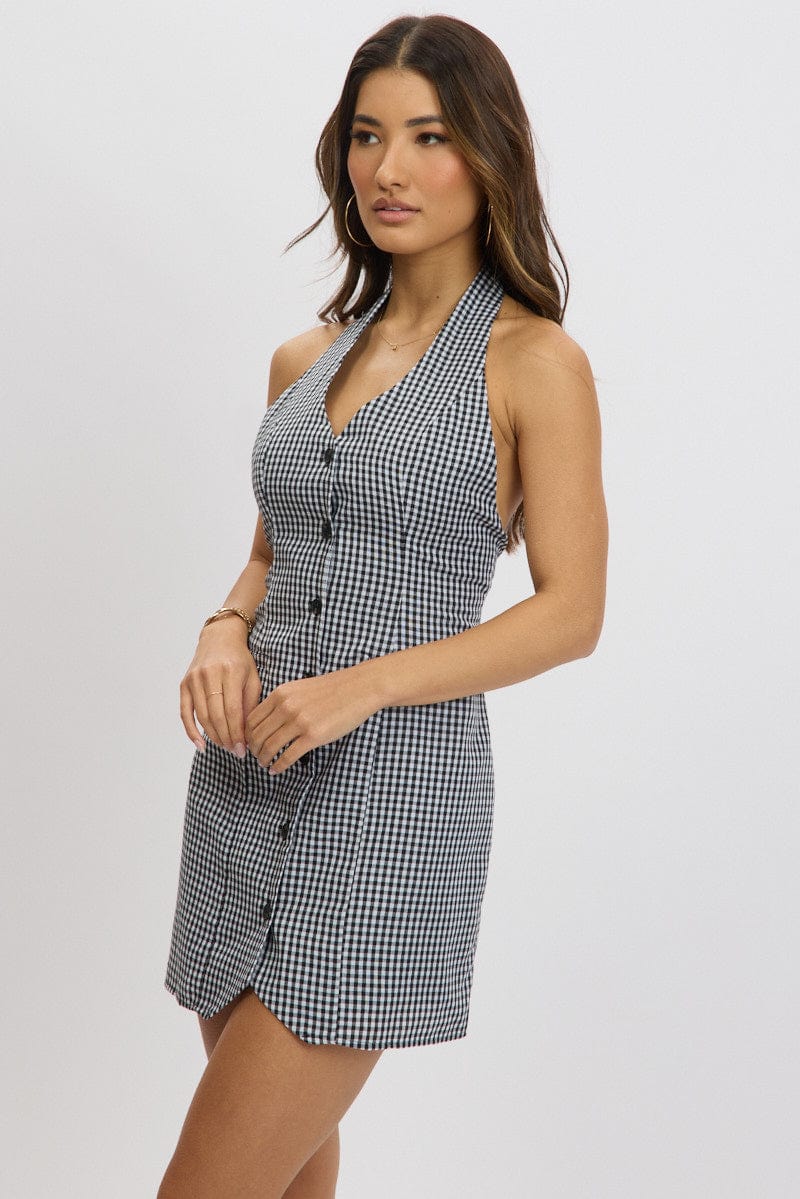 Blue Check Halter Neck Dress Mini