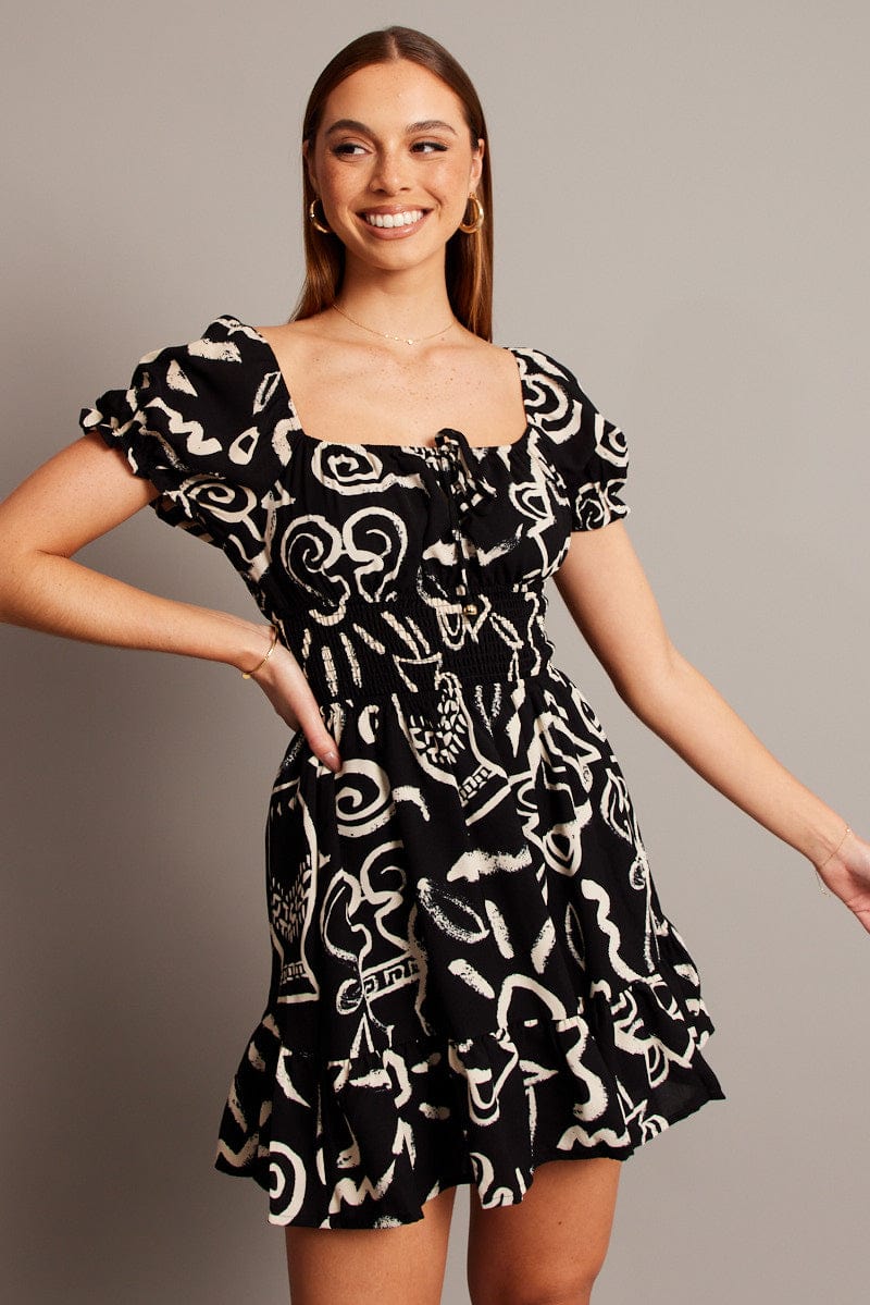 Black Abstract Fit And Flare Dress Mini