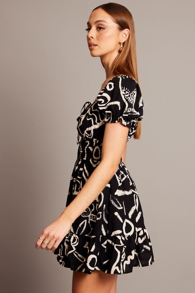 Black Abstract Fit And Flare Dress Mini