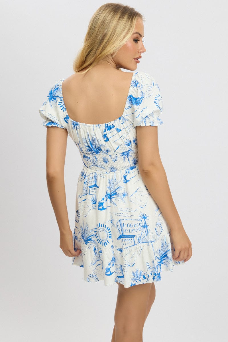 Blue Abstract Fit And Flare Dress Mini