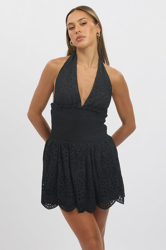 Black Halter Neck Dress Mini Eyelet Fabric