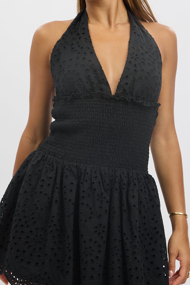 Black Halter Neck Dress Mini Eyelet Fabric
